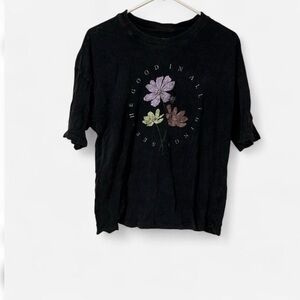 Black T-Shirt with Floral Design